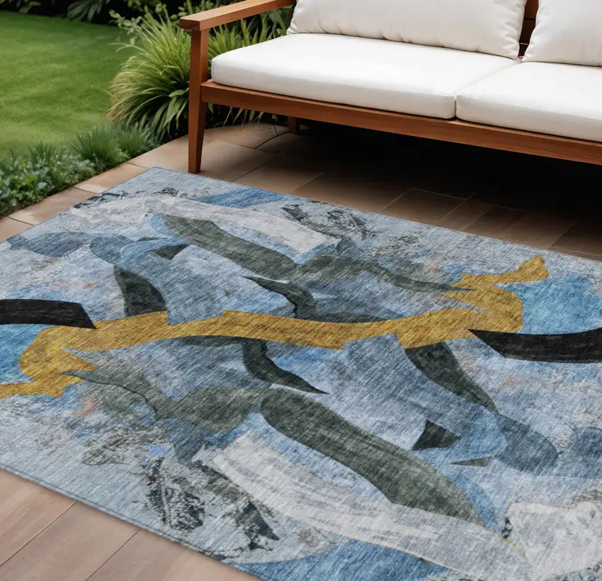 Denim Blue Charcoal And Gold Abstract Washable Indoor Outdoor Area Rug Photo 2