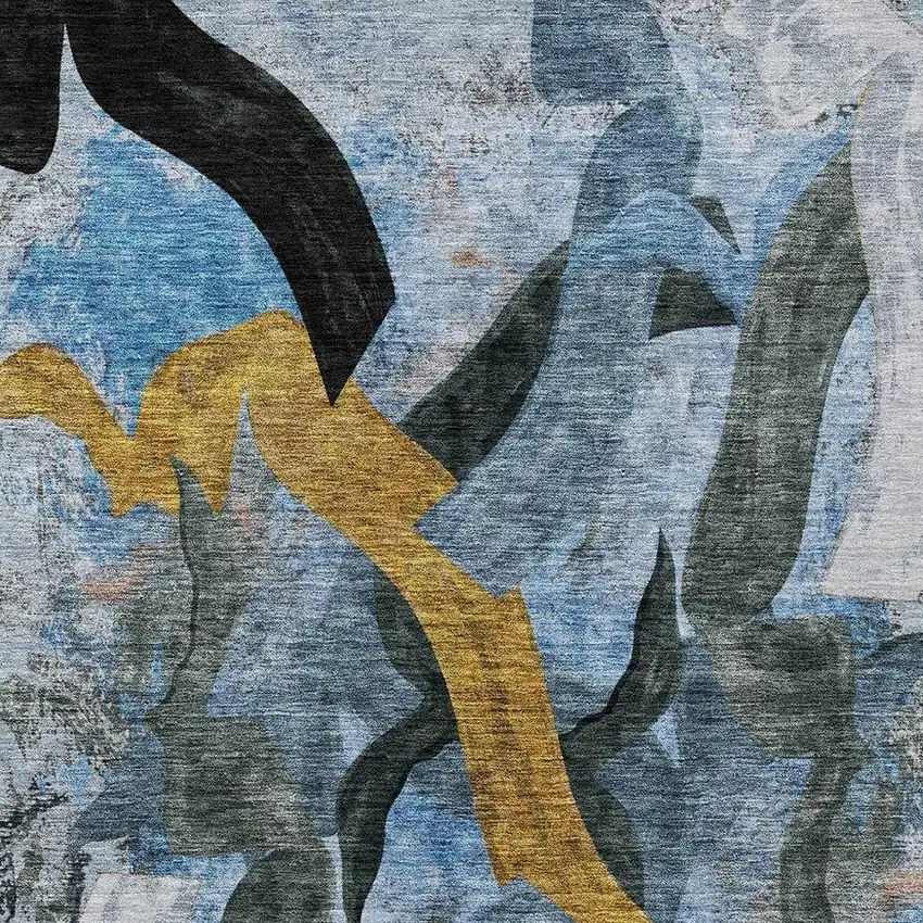 Denim Blue Charcoal And Gold Abstract Washable Indoor Outdoor Area Rug Photo 6