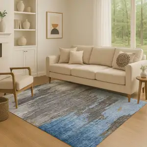 Photo of Denim Blue Charcoal And Gray Abstract Washable Area Rug With UV Protection