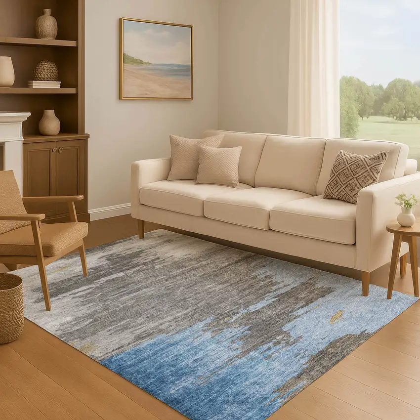 Denim Blue Charcoal And Gray Abstract Washable Area Rug With UV Protection Photo 6