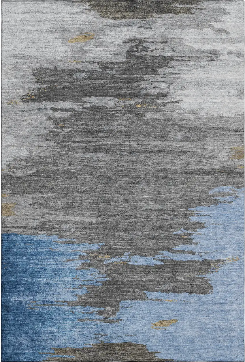 Denim Blue Charcoal And Gray Abstract Washable Area Rug With UV Protection Photo 7