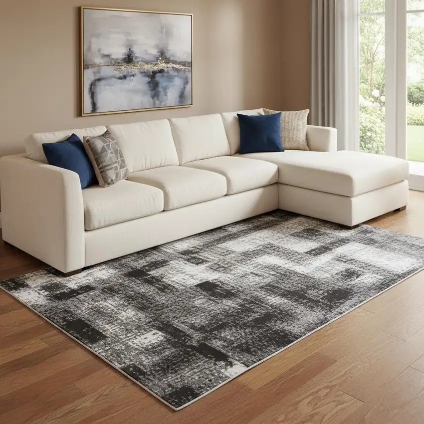 Denim Blue Charcoal And Gray Abstract Washable Area Rug With UV Protection Photo 2