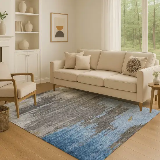 Denim Blue Charcoal And Gray Abstract Washable Area Rug With UV Protection Photo 5