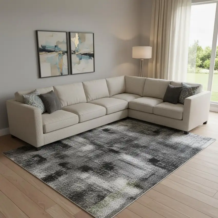 Denim Blue Charcoal And Gray Abstract Washable Area Rug With UV Protection Photo 1