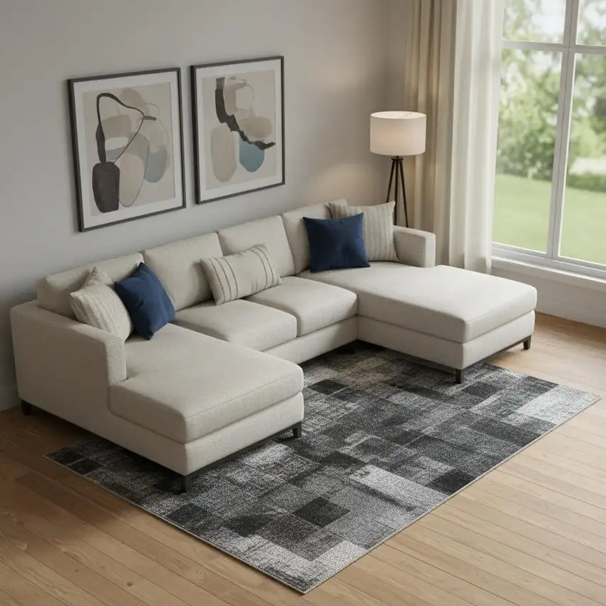 Denim Blue Charcoal And Gray Abstract Washable Area Rug With UV Protection Photo 2