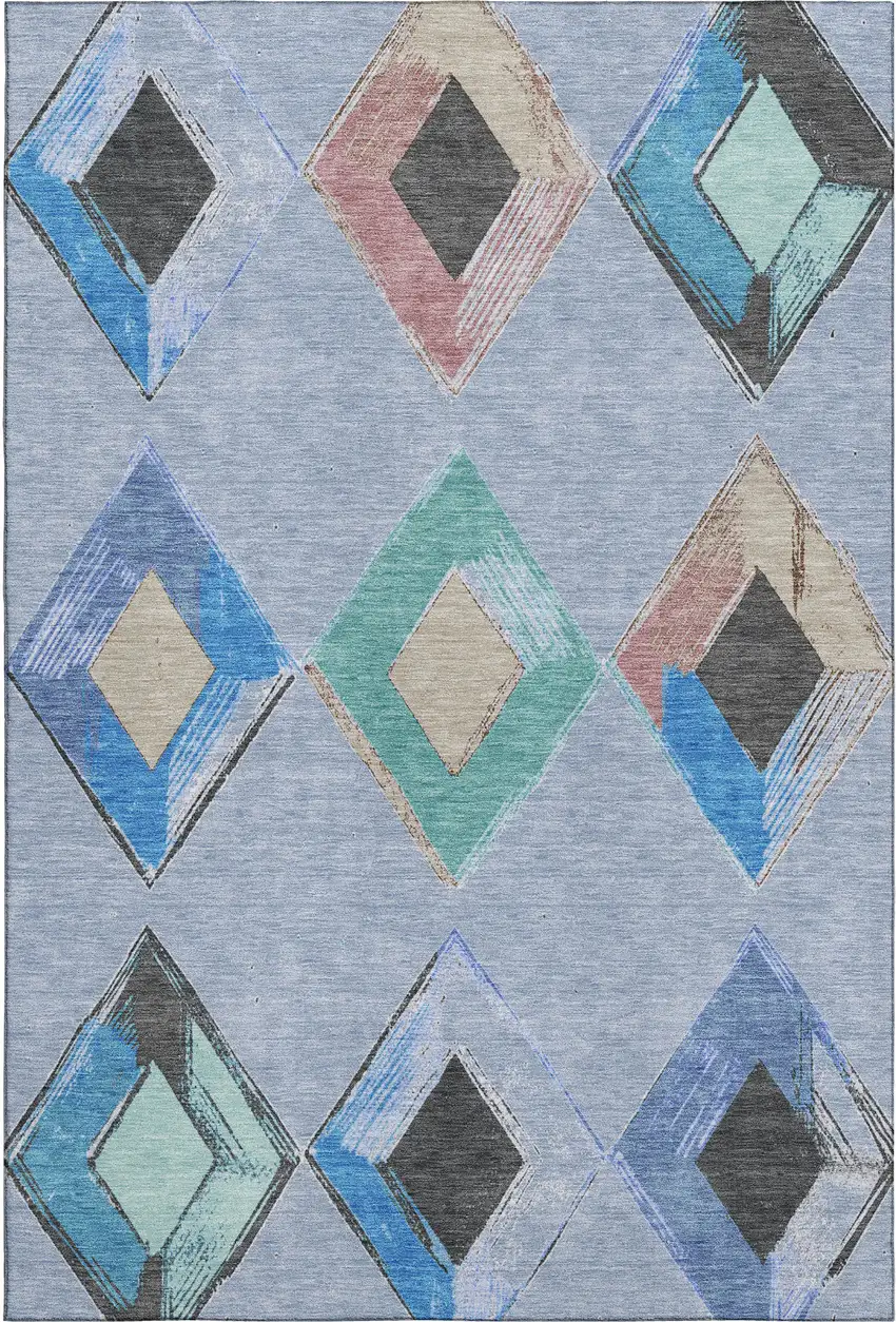 Denim Blue Charcoal And Mauve Geometric Washable Area Rug With UV Protection Photo 1
