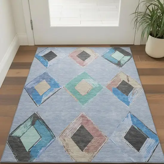 Denim Blue Charcoal And Mauve Geometric Washable Area Rug With UV Protection Photo 2