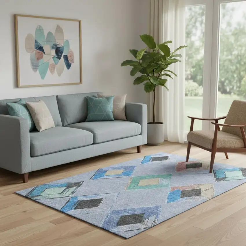 Denim Blue Charcoal And Mauve Geometric Washable Area Rug With UV Protection Photo 2