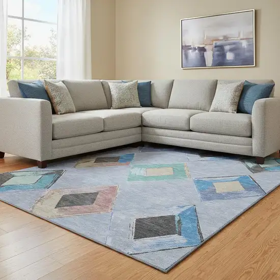 Denim Blue Charcoal And Mauve Geometric Washable Area Rug With UV Protection Photo 1