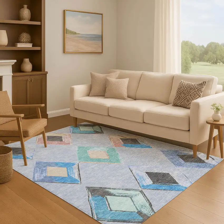 Denim Blue Charcoal And Mauve Geometric Washable Area Rug With UV Protection Photo 5