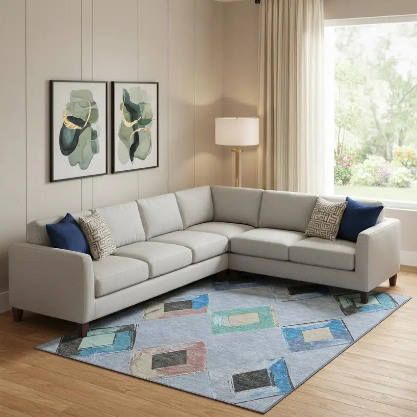 Denim Blue Charcoal And Mauve Geometric Washable Area Rug With UV Protection Photo 2