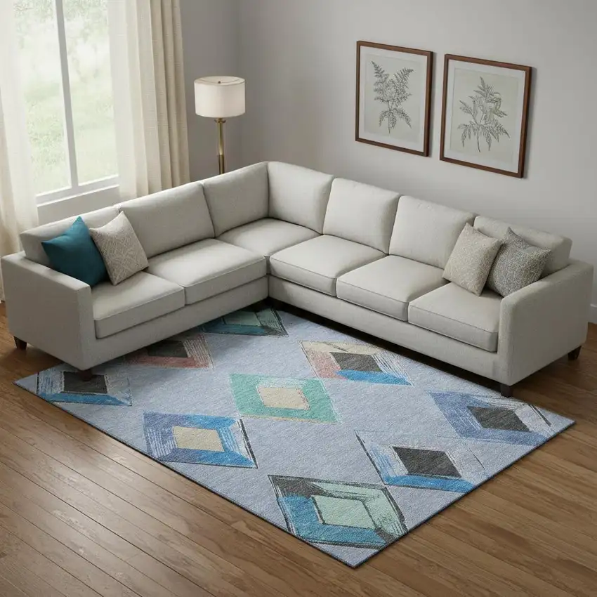 Denim Blue Charcoal And Mauve Geometric Washable Area Rug With UV Protection Photo 2