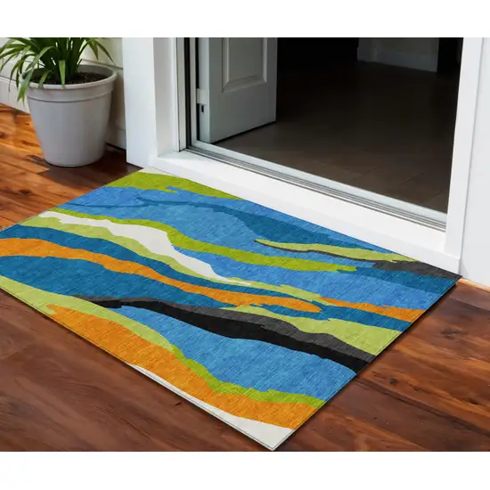 Denim Blue Copper And Green Abstract Washable Indoor Outdoor Area Rug Photo 1