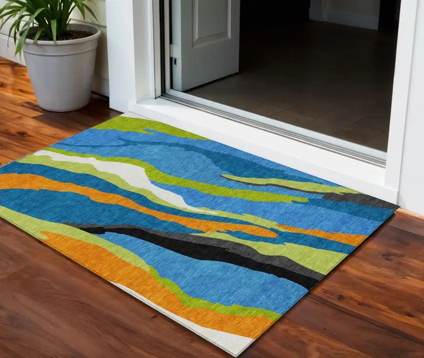 Denim Blue Copper And Green Abstract Washable Indoor Outdoor Area Rug Photo 1