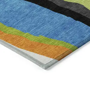 Photo of Denim Blue Copper And Green Abstract Washable Indoor Outdoor Area Rug