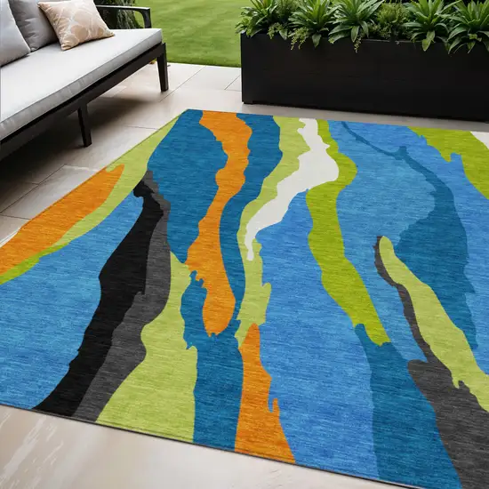 Denim Blue Copper And Green Abstract Washable Indoor Outdoor Area Rug Photo 1