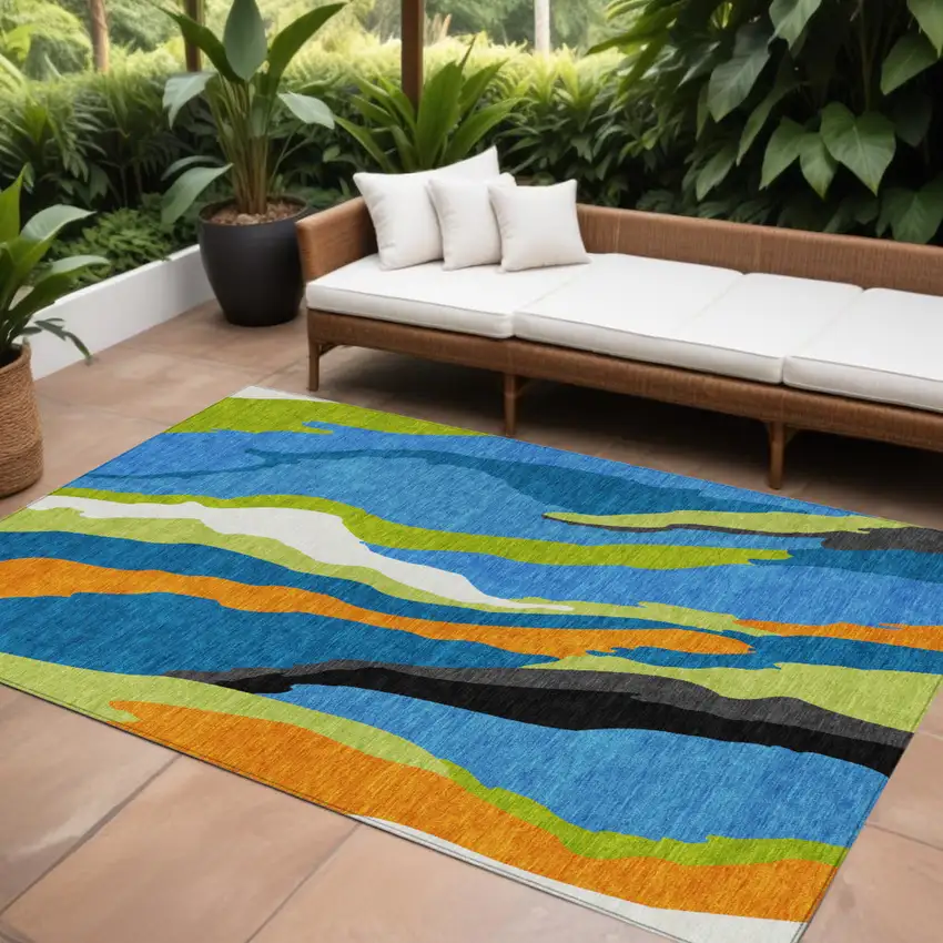Denim Blue Copper And Green Abstract Washable Indoor Outdoor Area Rug Photo 1