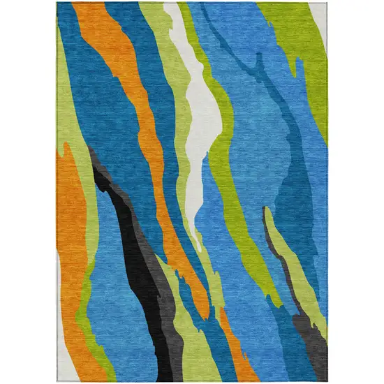 Denim Blue Copper And Green Abstract Washable Indoor Outdoor Area Rug Photo 2
