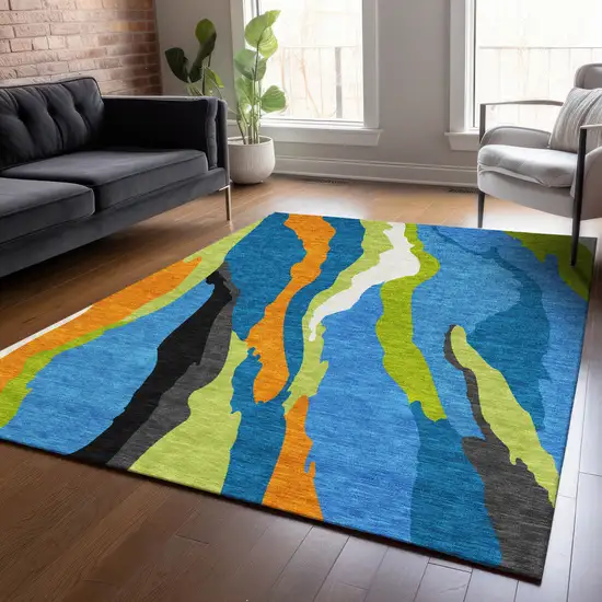 Denim Blue Copper And Green Abstract Washable Indoor Outdoor Area Rug Photo 8