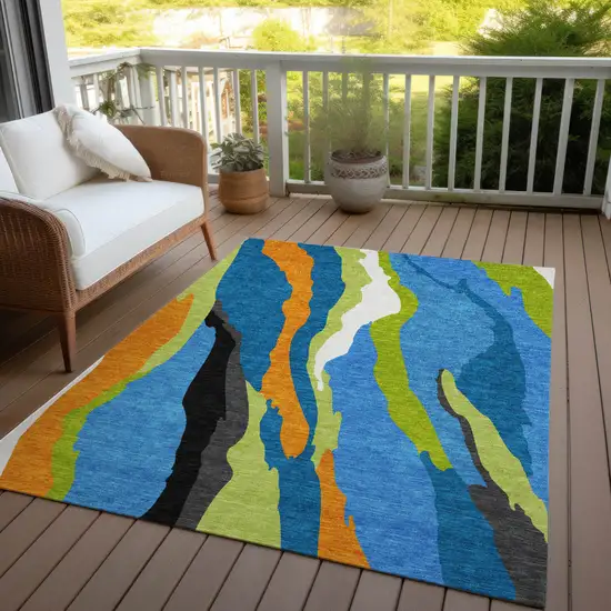 Denim Blue Copper And Green Abstract Washable Indoor Outdoor Area Rug Photo 7