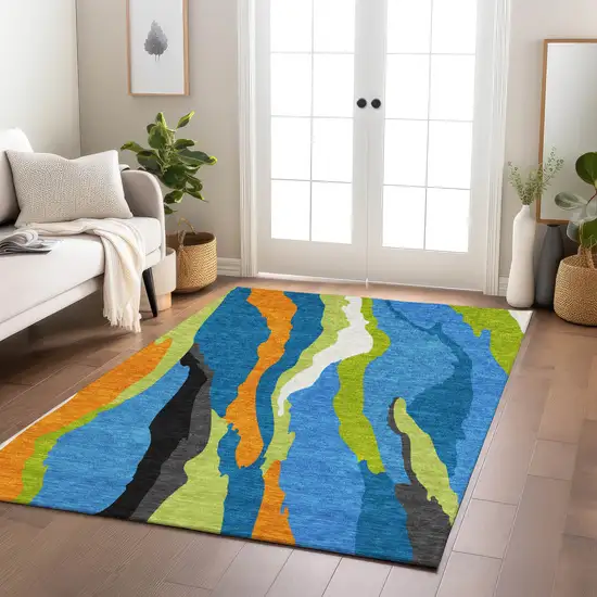 Denim Blue Copper And Green Abstract Washable Indoor Outdoor Area Rug Photo 9