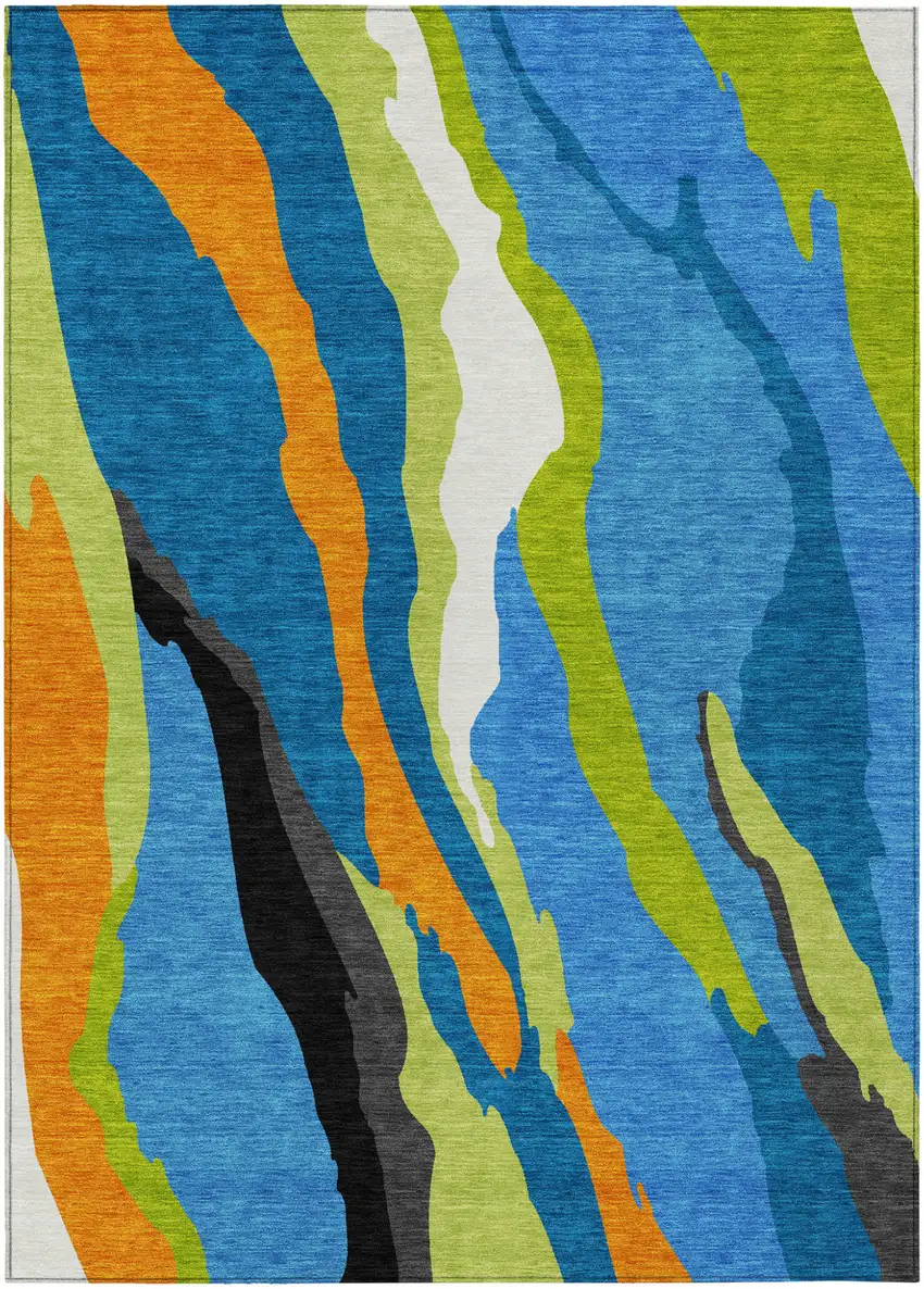 Denim Blue Copper And Green Abstract Washable Indoor Outdoor Area Rug Photo 2