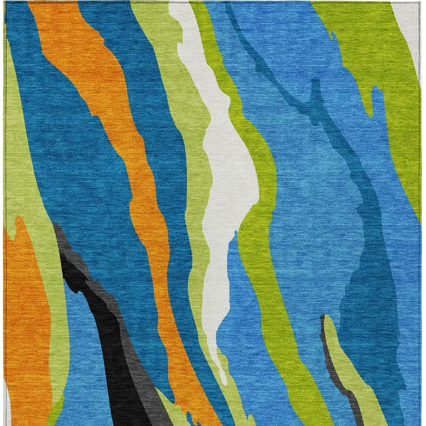 Denim Blue Copper And Green Abstract Washable Indoor Outdoor Area Rug Photo 6