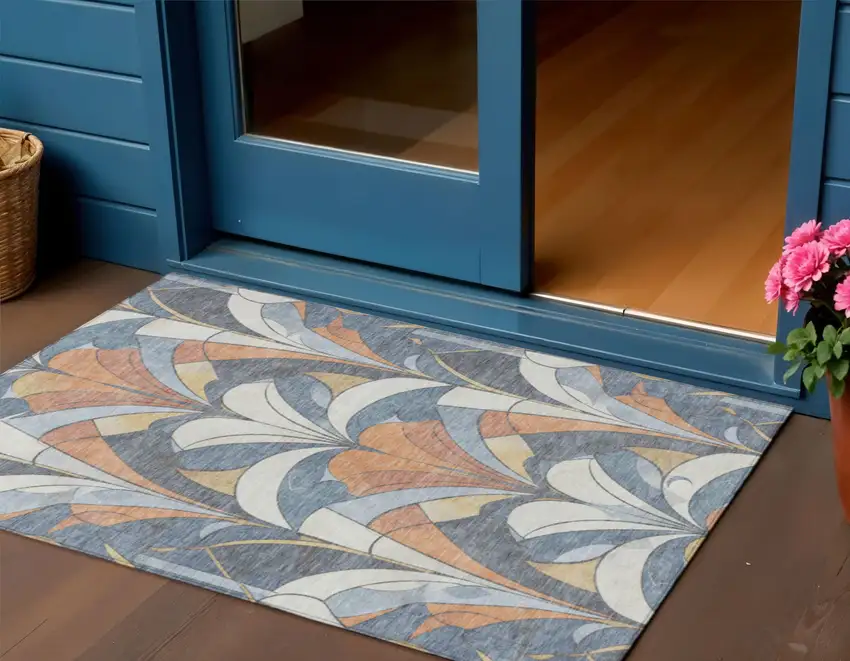 Denim Blue Copper And Ivory Geometric Washable Indoor Outdoor Area Rug Photo 2