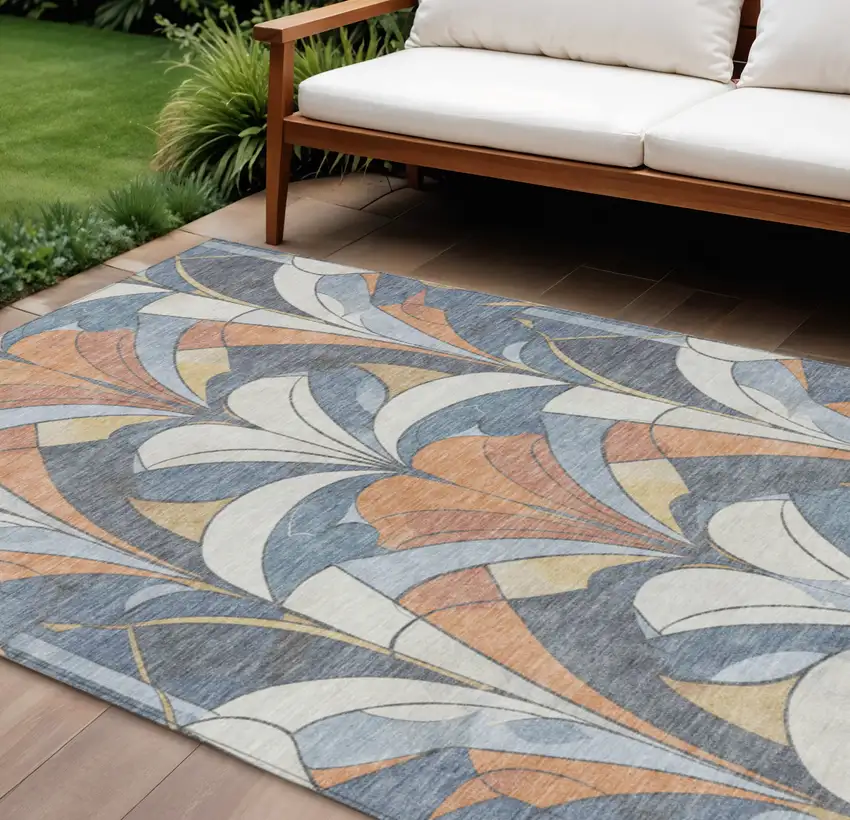 Denim Blue Copper And Ivory Geometric Washable Indoor Outdoor Area Rug Photo 2