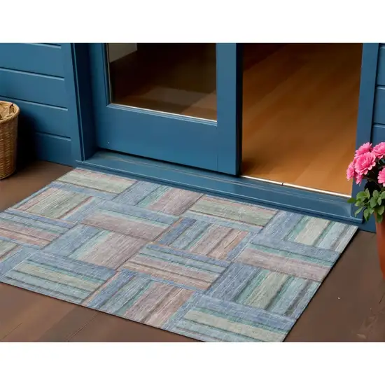 Denim Blue Coral And Gray Geometric Washable Indoor Outdoor Area Rug Photo 1