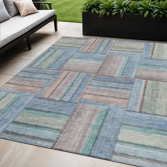 Denim Blue Coral And Gray Geometric Washable Indoor Outdoor Area Rug Photo 1