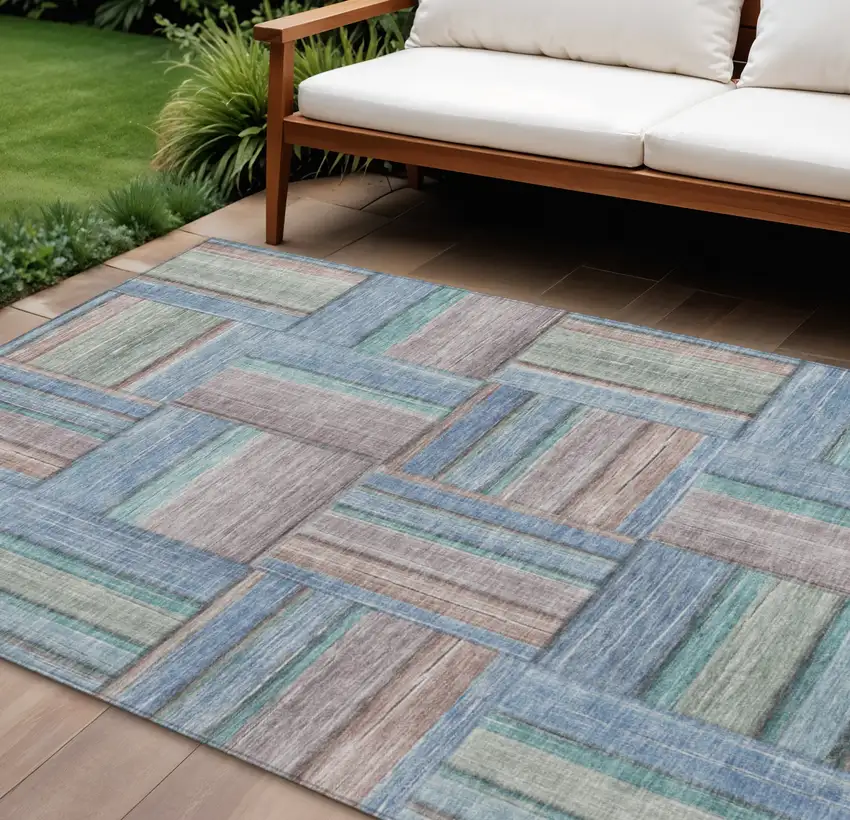 Denim Blue Coral And Gray Geometric Washable Indoor Outdoor Area Rug Photo 1