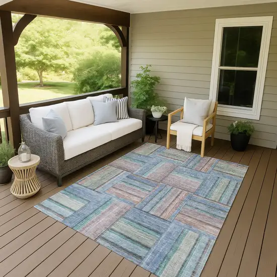 Denim Blue Coral And Gray Geometric Washable Indoor Outdoor Area Rug Photo 9