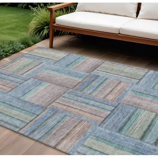 Denim Blue Coral And Gray Geometric Washable Indoor Outdoor Area Rug Photo 1