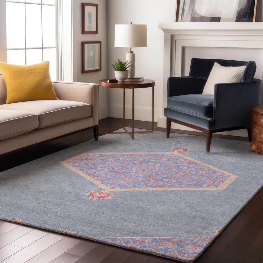 Denim Blue Coral And Wheat Oriental Washable Area Rug With UV Protection Photo 4