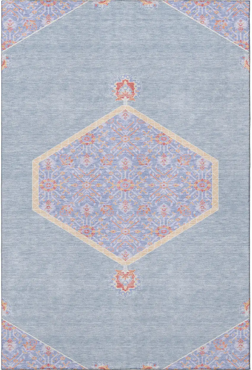 Denim Blue Coral And Wheat Oriental Washable Area Rug With UV Protection Photo 3