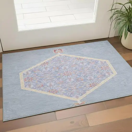 Denim Blue Coral And Wheat Oriental Washable Area Rug With UV Protection Photo 2