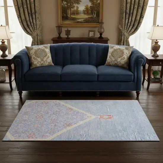 Denim Blue Coral And Wheat Oriental Washable Area Rug With UV Protection Photo 2