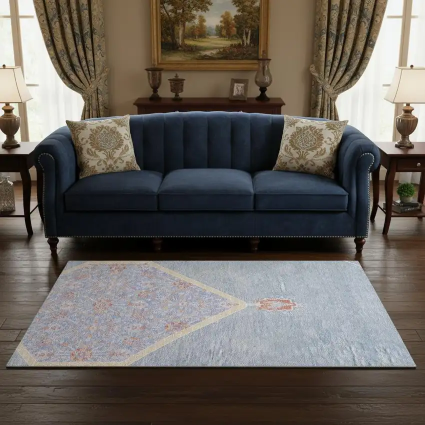 Denim Blue Coral And Wheat Oriental Washable Area Rug With UV Protection Photo 2
