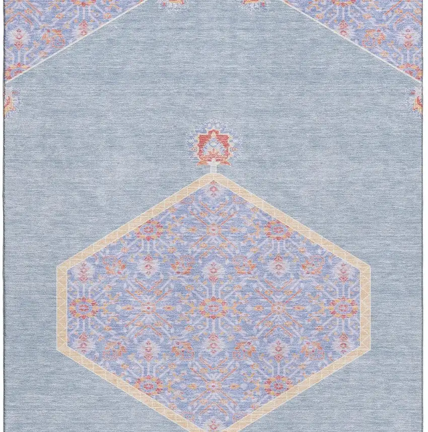 Denim Blue Coral And Wheat Oriental Washable Area Rug With UV Protection Photo 3