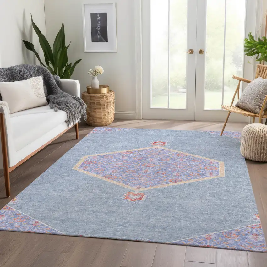 Denim Blue Coral And Wheat Oriental Washable Area Rug With UV Protection Photo 5