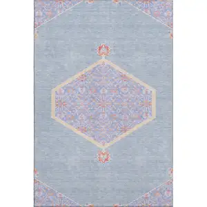Photo of Denim Blue Coral And Wheat Oriental Washable Area Rug With UV Protection