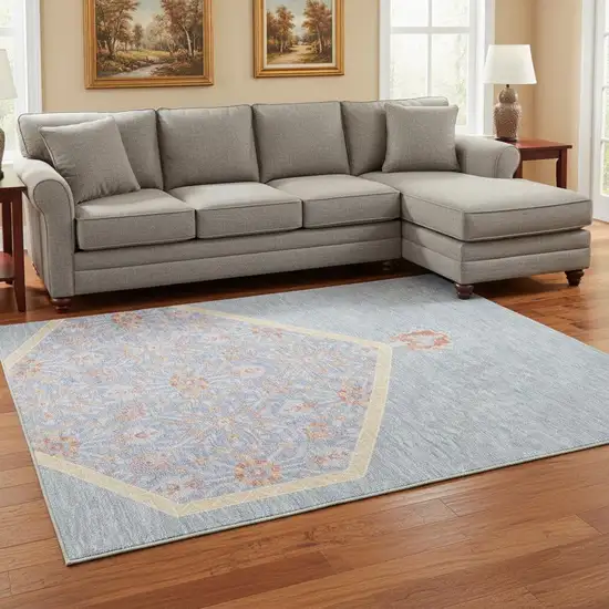 Denim Blue Coral And Wheat Oriental Washable Area Rug With UV Protection Photo 2