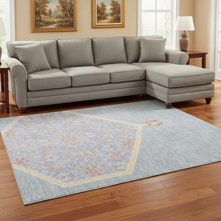 Denim Blue Coral And Wheat Oriental Washable Area Rug With UV Protection Photo 2