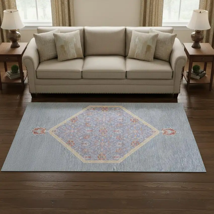 Denim Blue Coral And Wheat Oriental Washable Area Rug With UV Protection Photo 2