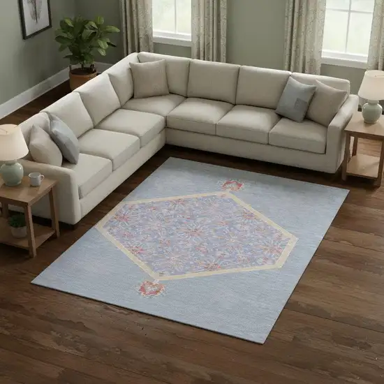 Denim Blue Coral And Wheat Oriental Washable Area Rug With UV Protection Photo 2