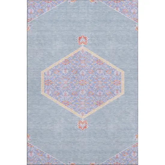 Denim Blue Coral And Wheat Oriental Washable Area Rug With UV Protection Photo 1
