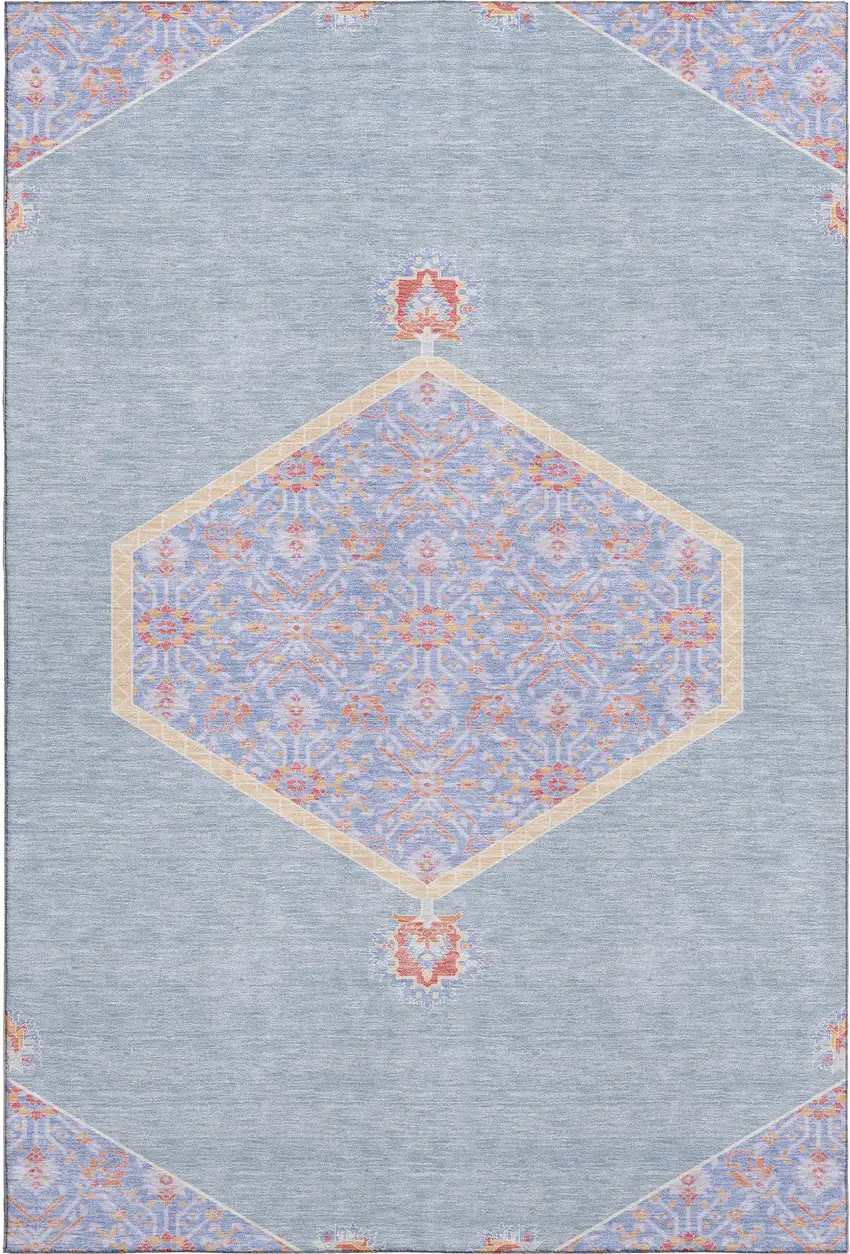 Denim Blue Coral And Wheat Oriental Washable Area Rug With UV Protection Photo 1