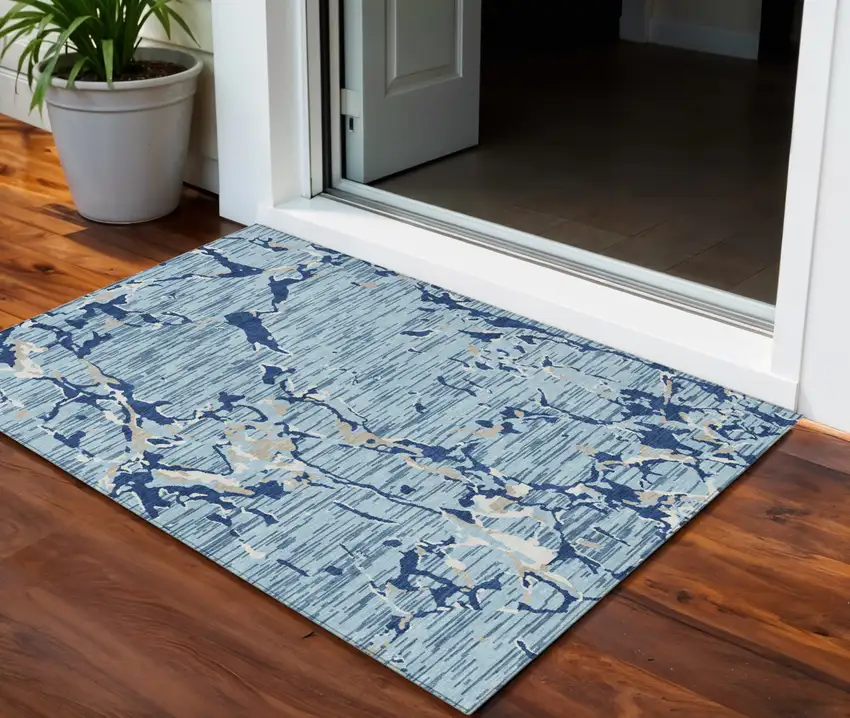 Denim Blue Dark Blue And Ivory Striped Washable Indoor Outdoor Area Rug Photo 1