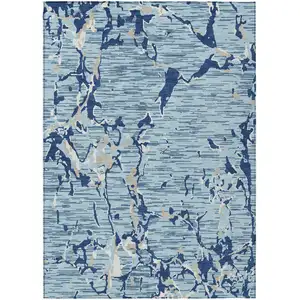 Photo of Denim Blue Dark Blue And Ivory Striped Washable Indoor Outdoor Area Rug